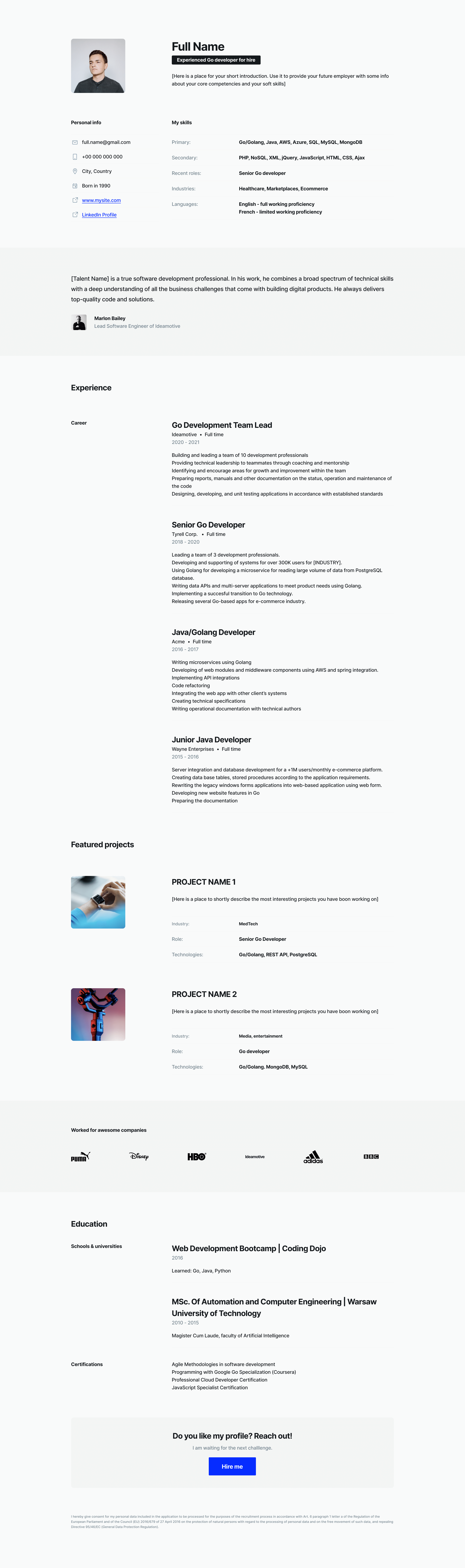 Free Go/Golang Developer Resume Template